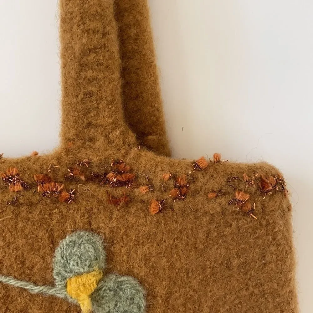 Vintage Felted Wool Embellished Mustard Yellow Purse Handbag